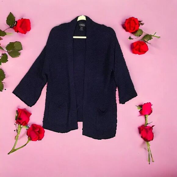 CENY Womens Cardigan Medium Blue Open Front Long Sleeve Pockets Acrylic Nylon - Picture 2 of 16
